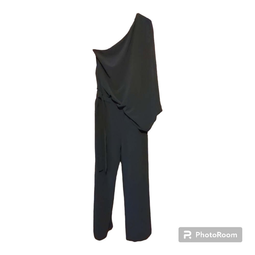 Halston jumpsuit single shoulder sz2 draped dark blue wedding special occasion